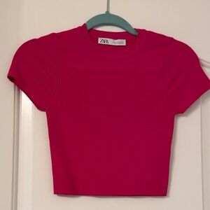 Zara Bright Pink Ribbed Crewneck Crop Tee